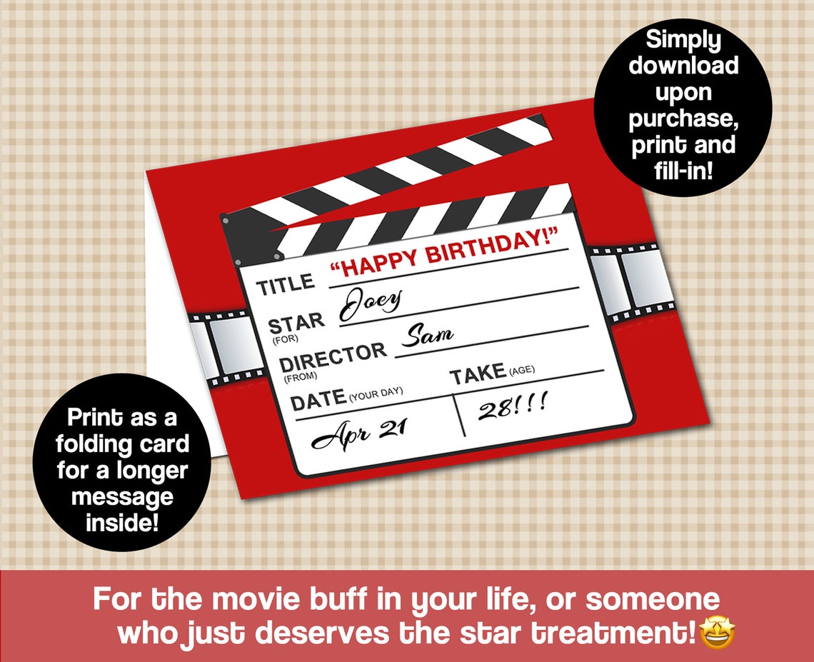 Printable Movie-themed Card | Film Buff’s Birthday | Clapboard Design ...