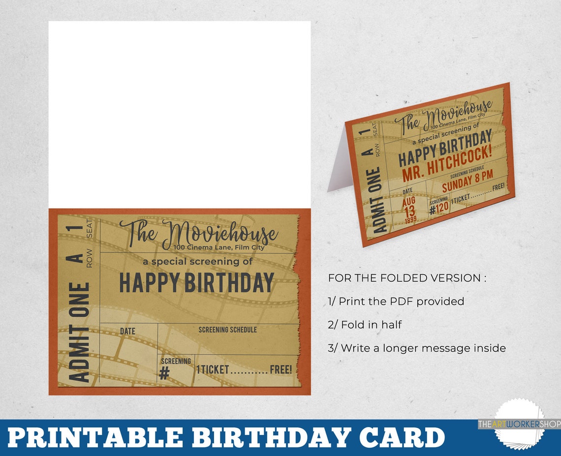 Printable Movie Ticket Birthday Card | Movie Buff Birthday Card | Old