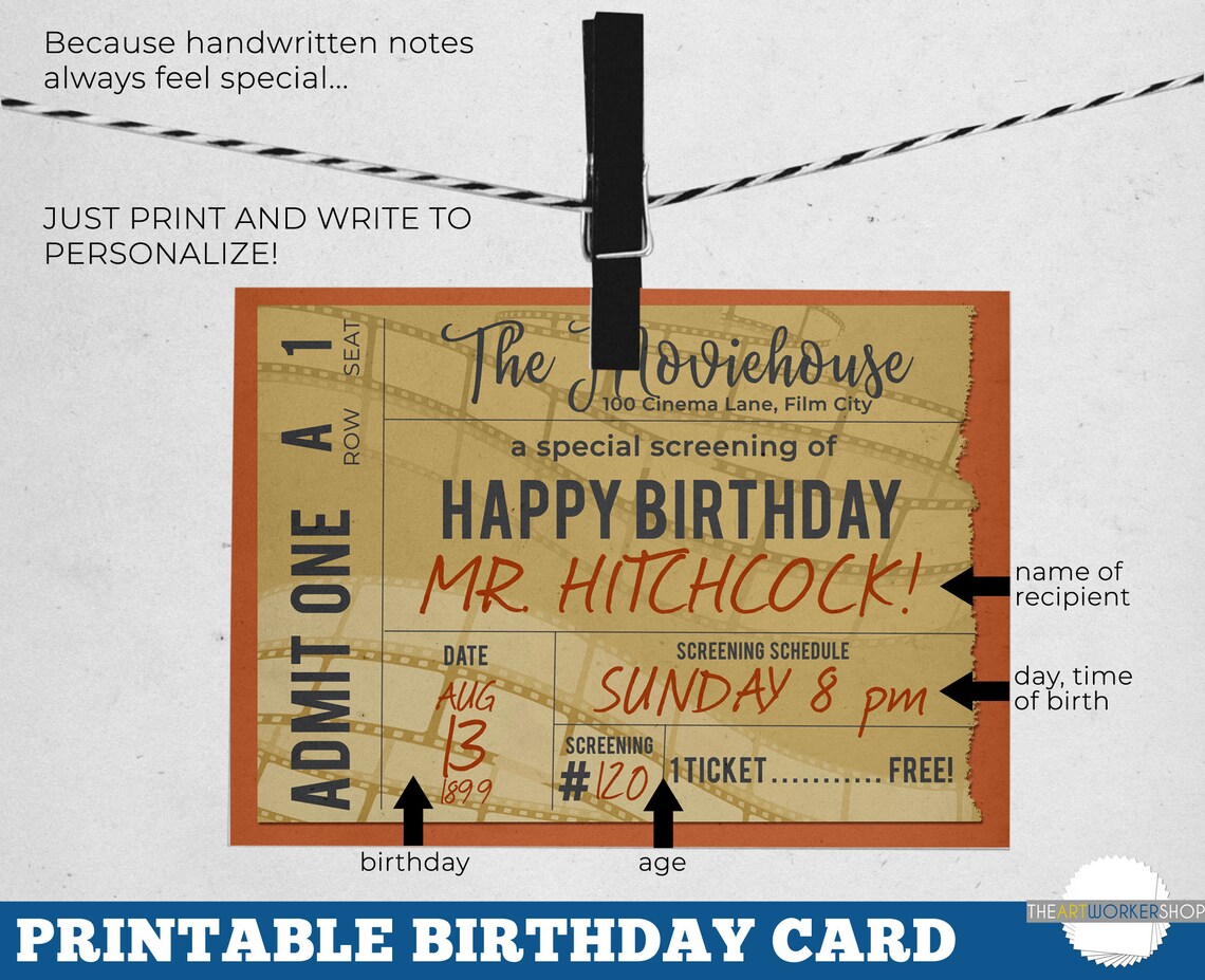 Printable Movie Ticket Birthday Card | Movie Buff Birthday Card | Old
