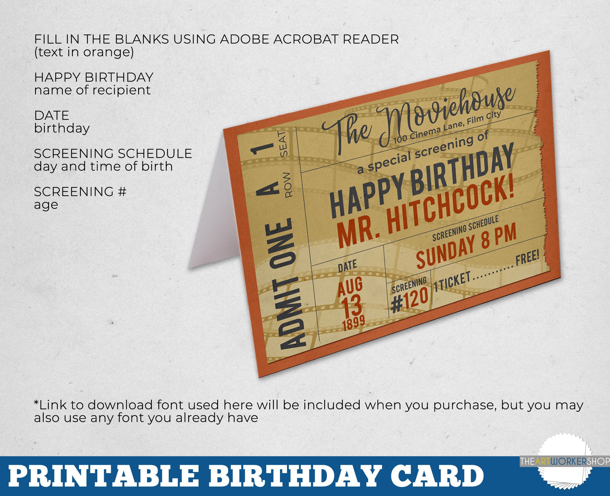Printable Movie Ticket Birthday Card | Movie Buff Birthday Card | Old