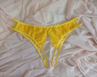 Yellow Crotchless Panties, Open Panties, Lace Open Undies, Open Crotch Panties, Lingerie for Sex, Hot Panties, Fetish Panties See Through