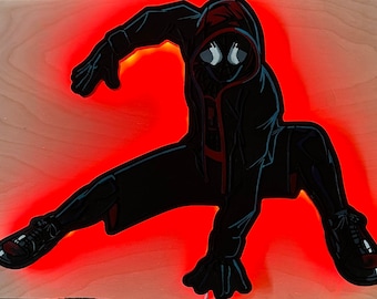 Miles Morales Spiderman LED Sign: Hand-Painted Maple Wood Art
