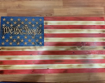 Handmade Wooden American Flag with "We the People" Engraving - Patriotic Wall Decor