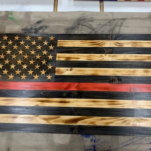 Handmade Wooden Thin Red Line American Flag - Patriotic Wall Decor for Firefighters