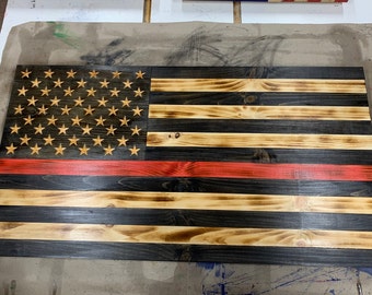 Handmade Wooden Thin Red Line American Flag - Patriotic Wall Decor for Firefighters