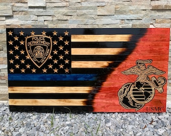 Handmade Split Thin Blue Line Wooden American Flag - Patriotic Wall Decor for Law Enforcement and Armed Forces