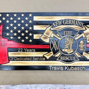 Handmade Wooden American Flag with Firefighter Axe & Badge Engraving - Patriotic Wall Decor for Firefighters, Retirement Gift