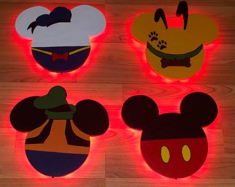 Wood Mickey Mouse and Friends Mickey Heads 12" Wide, Nursery LED sign, Wall Art, Disney Theme, Nursery Theme