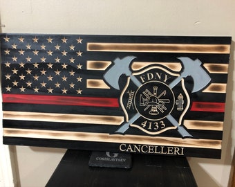 Handmade Wooden American Flag with Engraved Firefighter Maltese Cross and Crossing Axes - Patriotic Wall Art for Firefighters