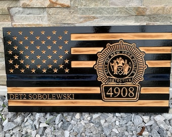 Custom Handmade Wooden American Flag with Police Badge & Personalization - Patriotic Wall Decor for Law Enforcement