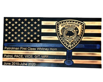 Handmade Thin Blue Line Wooden American Flag with Police Baton & Badge Engraving - Patriotic Wall Decor for Law Enforcement