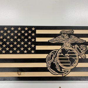Handmade Wooden US Flag with Engraved Marine Corps Insignia