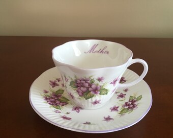 Vintage Rosina English Bone China Violets Teacup and Saucer Set Fantastic English Tea Cup 6038