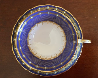 Vintage Tuscan Dark Blue and Gold hand decorated wide fine bone china Tea cup with matching Saucer