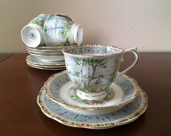 Royal Albert Silver Birch fine bone china Trio Silver Birch tazza da tè con piattino abbinato e piatto da dessert 1 (UNO) di 4 English Fine China