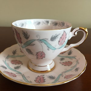 Vintage Tuscan Soft pink Leaves and Blue Ribbon fine bone china Tea cup with matching Saucer