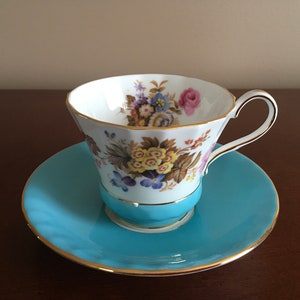 Aynsley turquoise floral tea cup with matching saucer; vintage bright blue Aynsley cup 2958