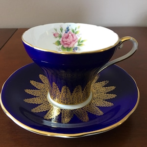 Vintage Aynsley Royal Blue and Gold tea cup corset shaped fine bone china Tea cup with matching Saucer Aynsley pink rose