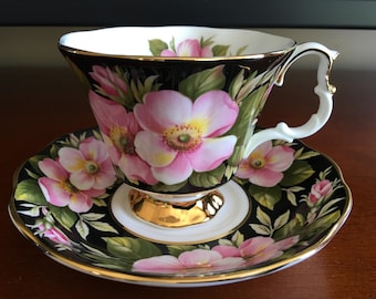 Vintage Royal Albert black Provincial Flowers Alberta Rose fine bone china tea cup with matching saucer