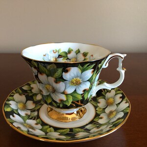 Vintage Royal Albert black Provincial Flowers Dogwood fine bone china tea  cup with matching saucer