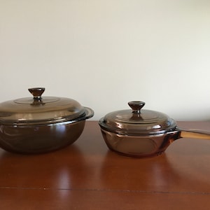 Choice of Vintage Corning ware/Pyrex Amber Vision saucepan 0.5L OR casserole pot 1.5L with matching lids