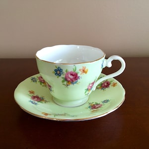 Aynsley Light Green floral Tea cup and Saucer; Aynsley Rose pattern