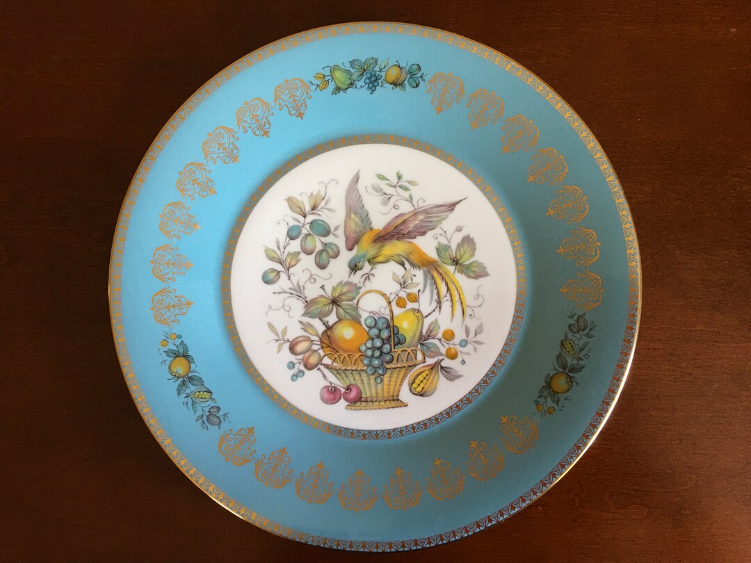 Vintage Aynsley Turquoise Blue Bird of Paradise With Fruits Basket