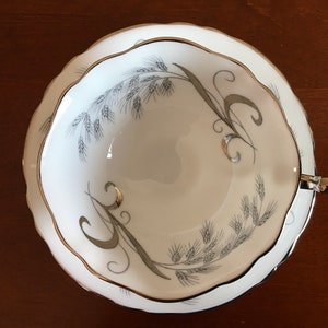Vintage Paragon Wheat and Ribbons fine bone china Tea cup with matching Saucer Grey and Silver Paragon teacup