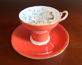 Vintage Aynsley Burnt Orange Corset shape Tea cup and Saucer Aynsley corset pastel flowers Aynsley blue floral Orange teacup