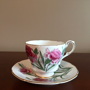 Vintage Paragon Carnations fine bone china tea cup with matching saucer