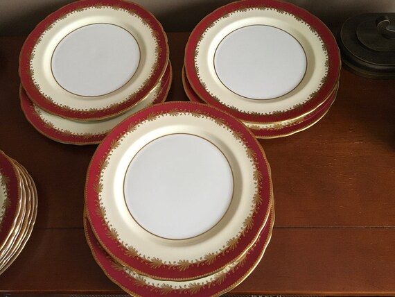 Vintage Aynsley Red and Gold Maroon Plates Rutland Pattern Fine
