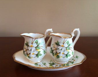 Vintage Royal Albert White Dogwood fine bone china set of two individual Cream Pitchers and holding Tray