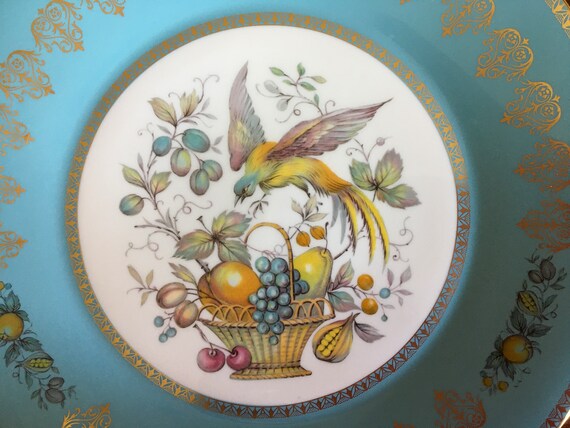 最終価格　貴重ヴィンテージ　米Susan paley 可愛い♪陶器クッキージャー Vintage Aynsley Turquoise Blue Bird of Paradise With Fruits Basket