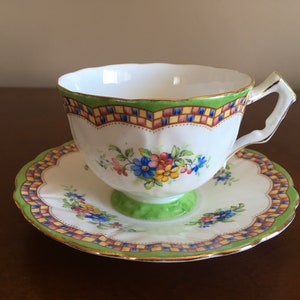 Vintage Aynsley Green Floral fine china Tea cup with matching saucer; Aynsley Green Crocus shape tea cup