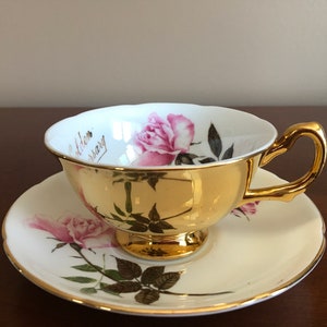Vintage Royal Grafton Golden Anniversary Gold com rosa rosa boca larga xícara de chá de porcelana fina com pires combinando