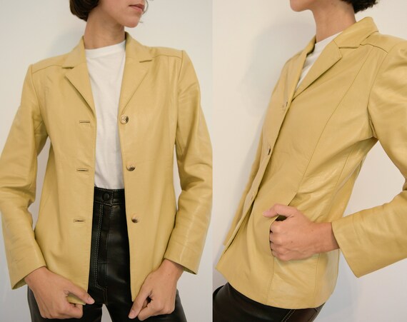 100% Real Leather Vintage Blazer / Beige Blazer /