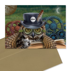 Wise Owl - Steampunk Owl - A Word to the Wise - Hibou lisant des livres - Carte de voeux vierge