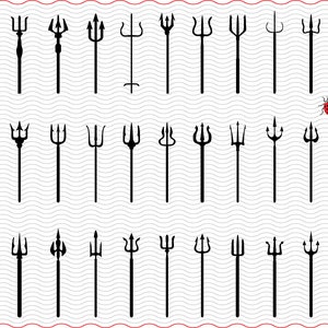 May include: A collection of black trident designs, each with a unique head shape and handle. The tridents are arranged in rows against a wavy, light background. A small red and black ladybug is in the upper right corner.