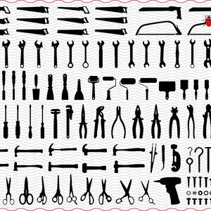 May include: A collection of black silhouette tools, including saws, wrenches, screwdrivers, hammers, pliers, scissors, and a drill. The tools are arranged in neat rows, suitable for woodworking, construction, or DIY projects.
