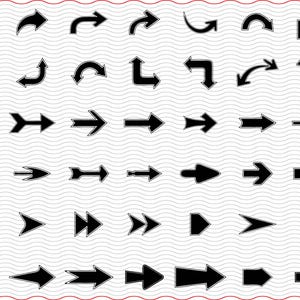 以下が含まれることがあります： グリッド状に配置された黒い矢印アイコンのコレクション。直線、曲線、角度付き、両頭など、さまざまな形状、方向、スタイルのデザインが、細い波状の水平線が描かれた明るい背景の上に配置されています。