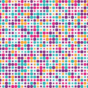 May include: A colorful abstract pattern featuring a repeating design of circles in shades of purple, teal, pink, and orange. The circles are arranged on a white background with wavy lines. A small ladybug is in the bottom right corner.
