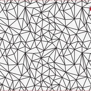 Puede incluir: Diseño geométrico abstracto con líneas negras que forman triángulos y formas irregulares sobre un fondo blanco. Líneas grises onduladas y un borde rojo añaden detalles. Una pequeña mariquita roja está en la esquina superior derecha.