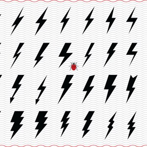 May include: A collection of black lightning bolt graphics in various sizes and orientations. The bolts are arranged on a wavy, light gray background with a red border at the top and bottom. A small ladybug is also present.