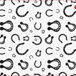 May include: A repeating pattern of black horseshoe shapes and other curved designs on a white background with wavy lines. A small red ladybug with black spots is in the upper right corner. The design is suitable for fabric or wallpaper.