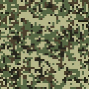 May include: Digital camouflage pattern in shades of green, brown, and tan, with a pixelated design. A small red ladybug with black spots is in the upper right corner. The pattern is suitable for various applications.