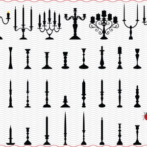 May include: A collection of black silhouette candle holders in various designs. The image includes candelabras with multiple arms, single candle holders, and decorative styles. Some candle holders have lit candles, while others are empty.