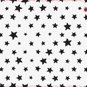 May include: A repeating pattern of black stars of varying sizes on a white background with wavy gray lines. A small red ladybug with black spots is in the upper right corner. The design is suitable for fabric or wallpaper.