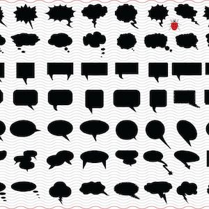 May include: A collection of black speech bubbles in various shapes and sizes. The bubbles include starburst, cloud, and rectangular designs, suitable for graphic design or comic book use. A red ladybug is also present.