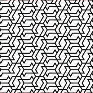 May include: Geometric black and white pattern with a repeating design of angular shapes and wavy lines. The pattern is a seamless design, suitable for various applications like fabric or wallpaper. A small red ladybug is in the upper right corner.