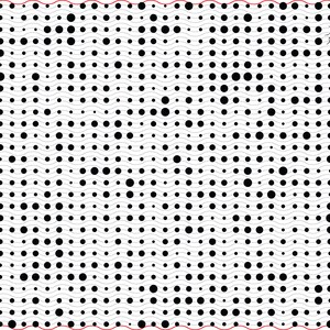 Peut inclure: Œuvre d'art numérique abstraite sur fond blanc, présentant un motif de cercles noirs de tailles variables disposés en grille. Des lignes grises ondulées traversent l'image horizontalement. Une coccinelle rouge est dans le coin supérieur droit, et une ligne rouge ondulée borde le haut et le bas.